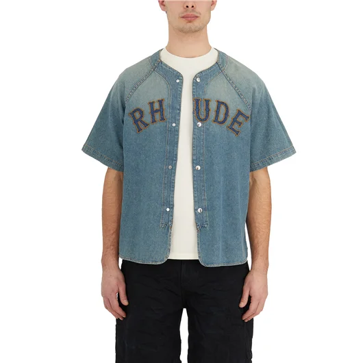 RHUDE CAMICIA BASEBALL IN DENIM Spedizione Gratuita