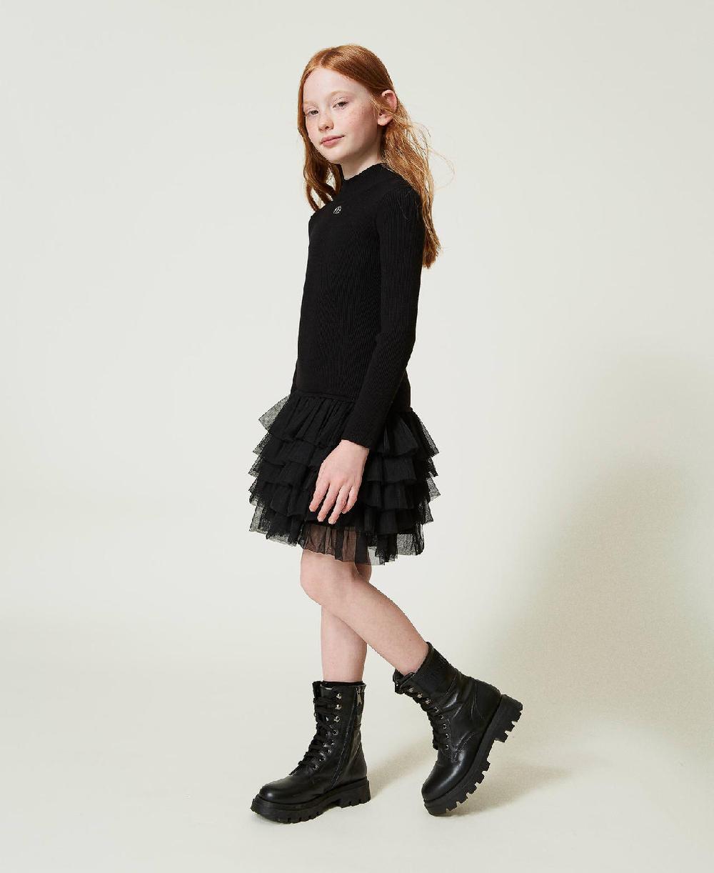 Scee by twin set Abito in maglia a costine con tulle Nuova