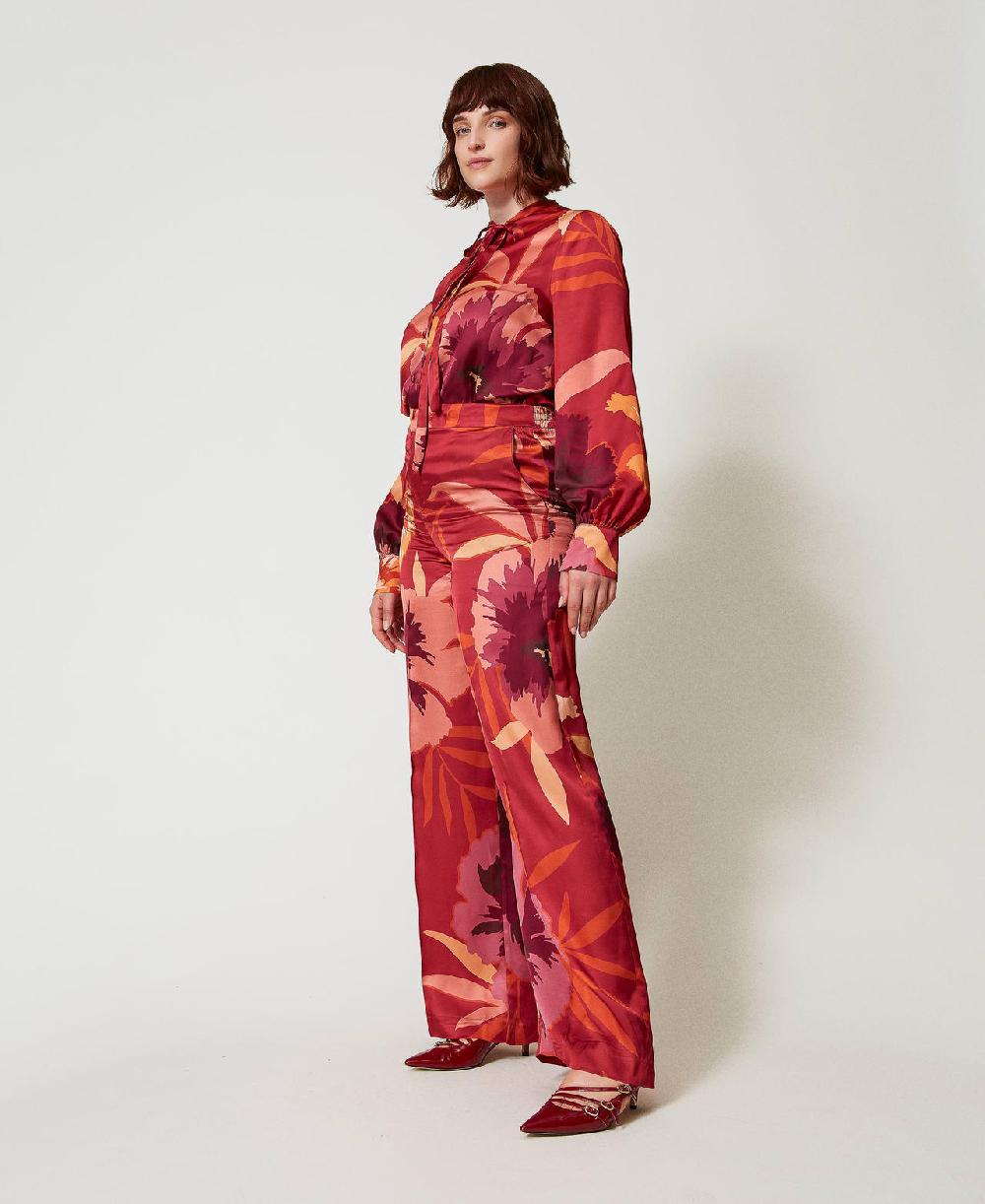 Scee by twin set Pantaloni wide leg in raso a fiori ACQUISTA ORA