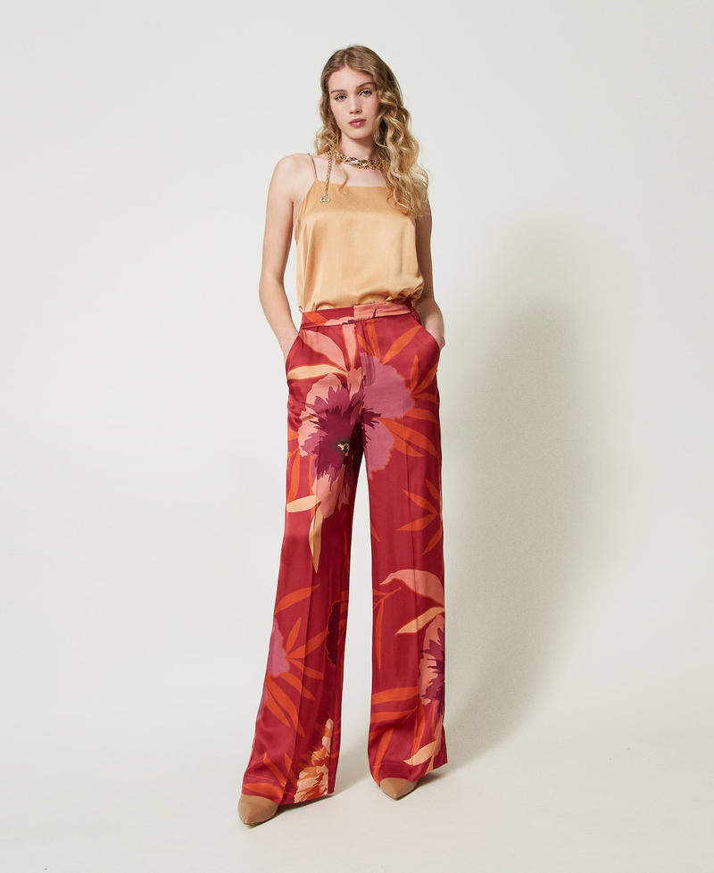 Scee by twin set Pantaloni wide leg in raso a fiori ACQUISTA ORA