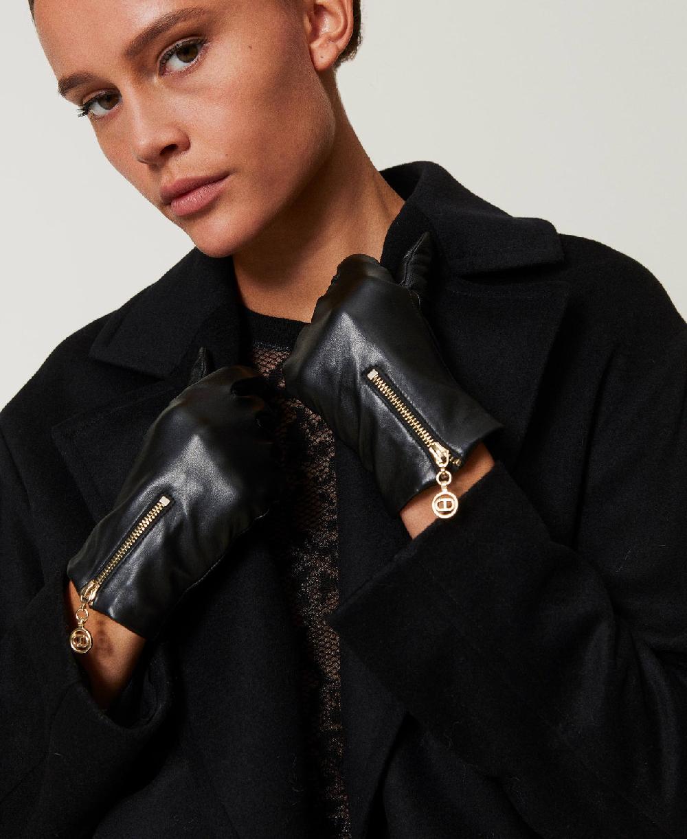 Scee by twin set Guanti in pelle con zip e Oval T Presa