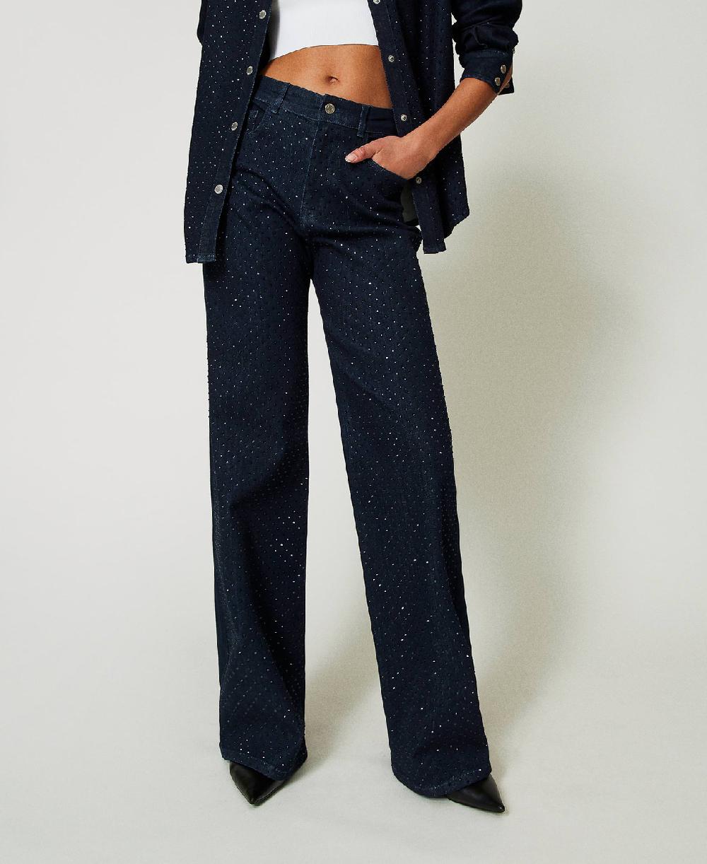 Scee by twin set Jeans wide leg in full strass Fino al 60% di sconto