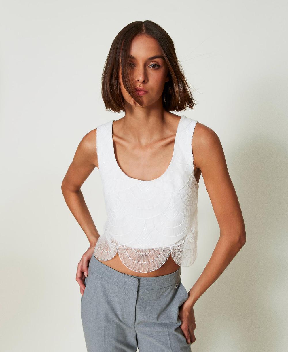 Scee by twin set Top in crêpe cady e organza ricamata Promozione