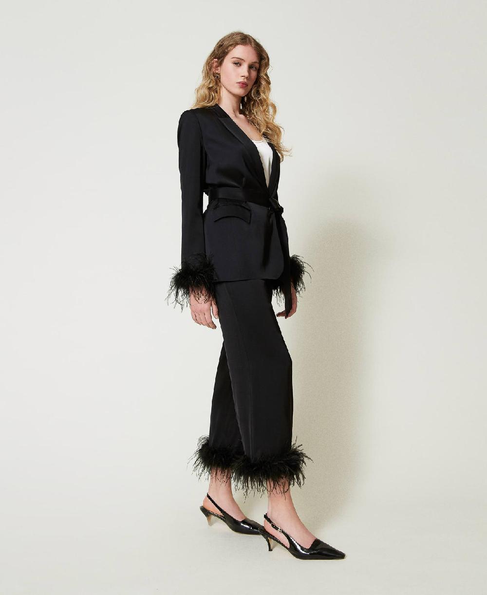 Scee by twin set Pantaloni in raso con piume Promozione temporanea